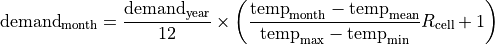 \text{demand}_\text{month} = \frac{\text{demand}_\text{year}}{12} \times \left(\frac{\text{temp}_\text{month} - \text{temp}_\text{mean}}{\text{temp}_\text{max} - \text{temp}_\text{min}}R_\text{cell} + 1\right)